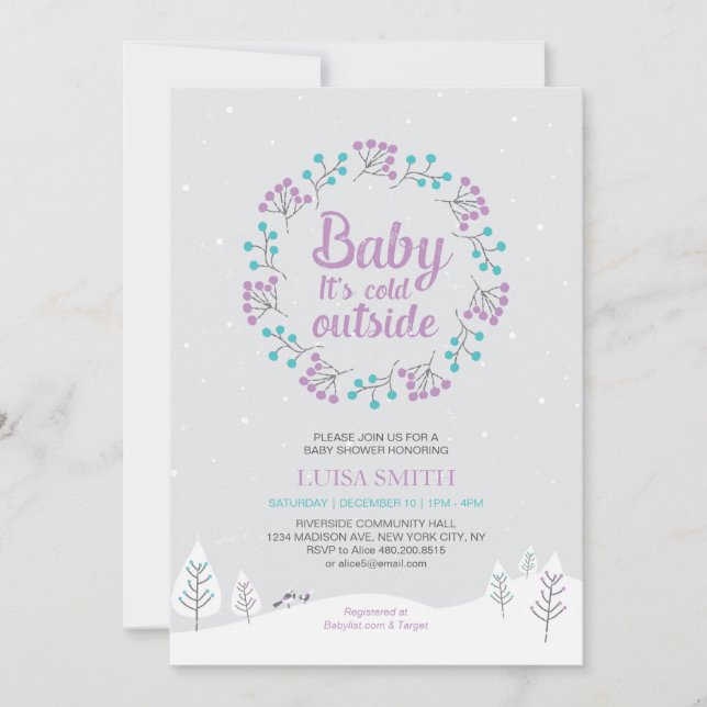Convites Chuva de Bebê Menina Tema Natal, Roxo e Azul (Frente)