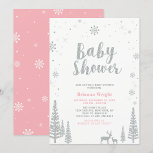 Convites Chuva de Bebê Menina Tema Natal Silver & Pink