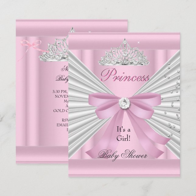 Convites Chuva de Bebê Menina Tiara Princesa Rosa Branco (Frente/Verso)