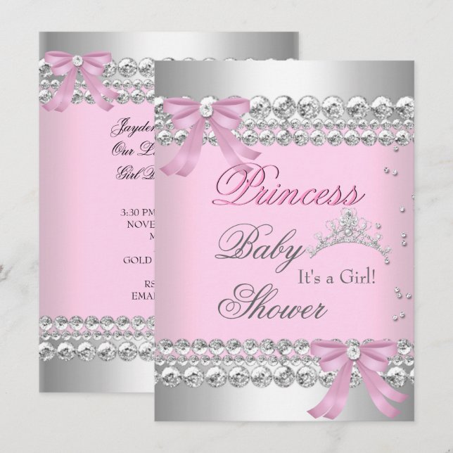 Convites Chuva de Bebê Menina Tiara Princesa Rosa Branco Ge (Frente/Verso)