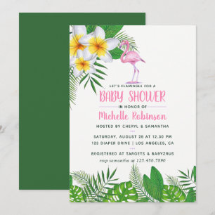 Convites Chuva de Bebê Menina Tropical Flamingo Rosa Aquare