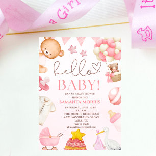 Convites chuva de bebê menina ursinho rosa aquarela engraça