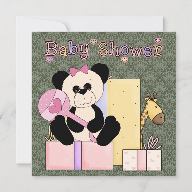 Convites Chuva de Bebê Menina Urso de Pelúcia Rosa Verde Da (Frente)