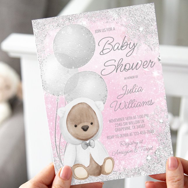 Convites Chuva de Bebê Menina Urso de Pelúcia Winter Wonder (Criador carregado)