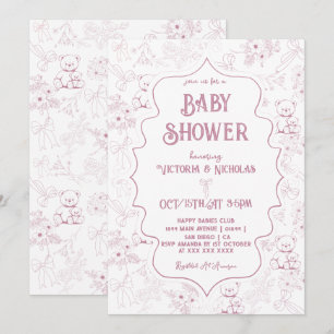Convites Chuva de Bebê Menina Urso Laço Toile Rosa Empoeira