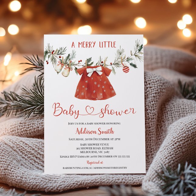 Convites Chuva de Bebê Menina Vermelho Alegre Pequeno Bebê (Merry Little Baby Shower Invitation Template Girl, Christmas Baby Shower Invitation, Christmas Baby)