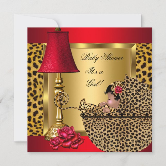 Convites Chuva de Bebê Menina Vermelho Dourado Rosas Leopar (Frente)