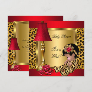 Convites Chuva de Bebê Menina Vermelho Dourado Rosas Leopar
