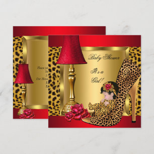 Convites Chuva de Bebê Menina Vermelho Dourado Rosas Leopar