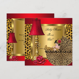 Convites Chuva de Bebê Menina Vermelho Dourado Rosas Leopar
