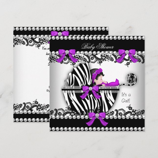 Convites Chuva de Bebê Menina Zebra Berço Pérola 3 (Frente/Verso)