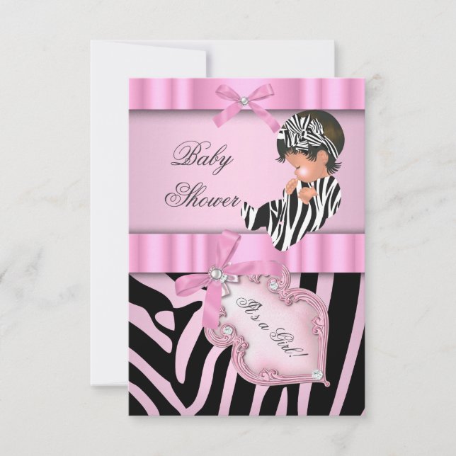 Convites Chuva de Bebê Menina Zebra Rosa preto (Frente)
