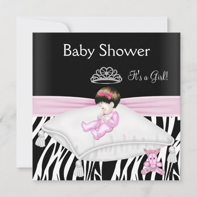Convites Chuva de Bebê Menina Zebra Rosa Preto Branco Princ (Frente)