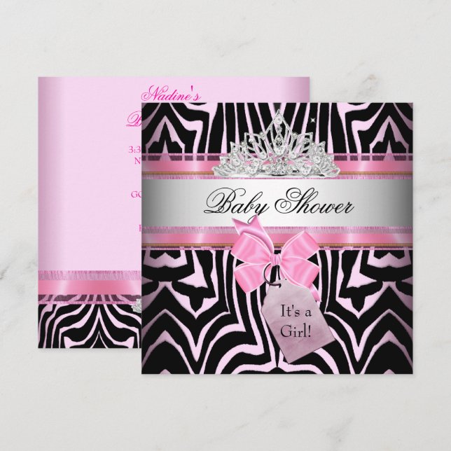 Convites Chuva de Bebê Menina Zebra Rosa Princesa Preta (Frente/Verso)