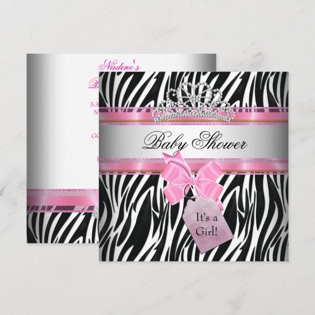 Convites Chuva de Bebê Menina Zebra Rosa Princesa Preta (Frente/Verso)