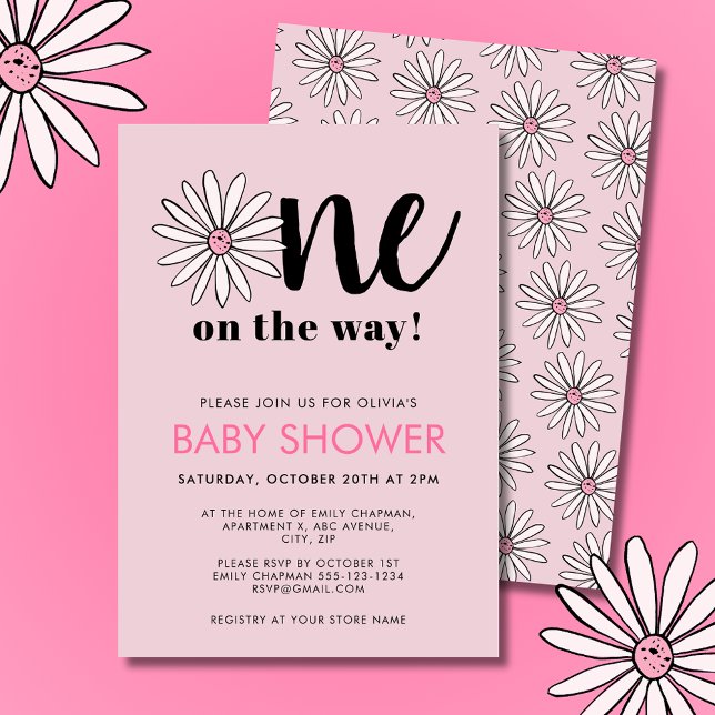 Convites Chuva de Bebê Meninas Bebê Daisy Floral (Modern pink girls baby shower invitations. Floral daisy One on the way design.)