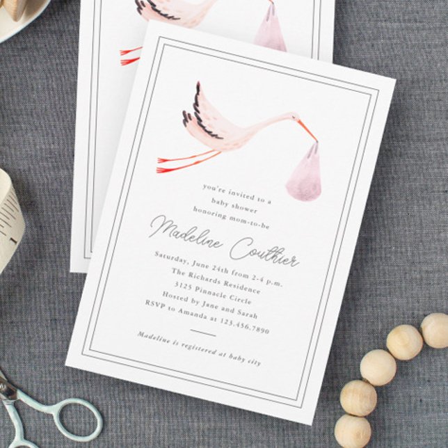 Convites Chuva de Bebê Meninas Cegonha Desenhada à Mão Eleg (Elegant hand painted pink stork girls baby shower.)
