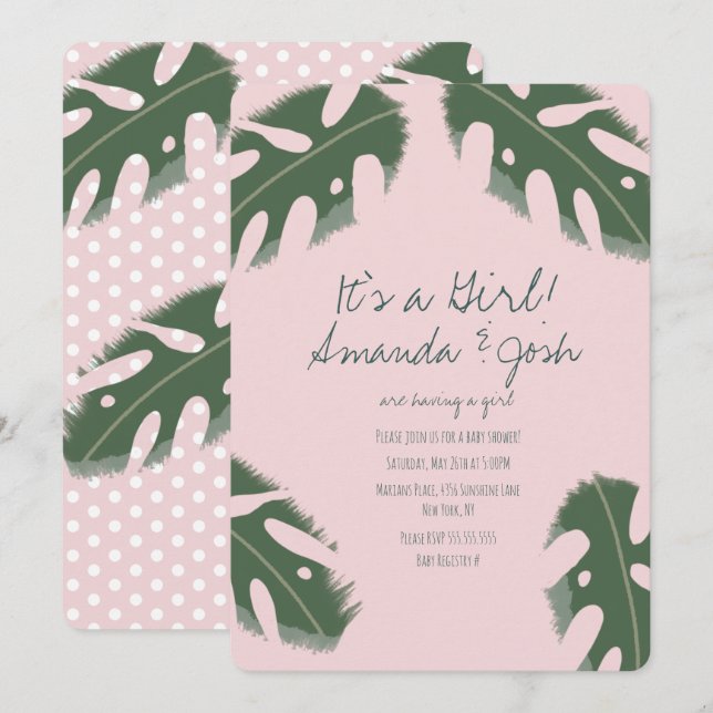 Convites Chuva de Bebê Meninas Tropicais Monstera Rosa (Frente/Verso)