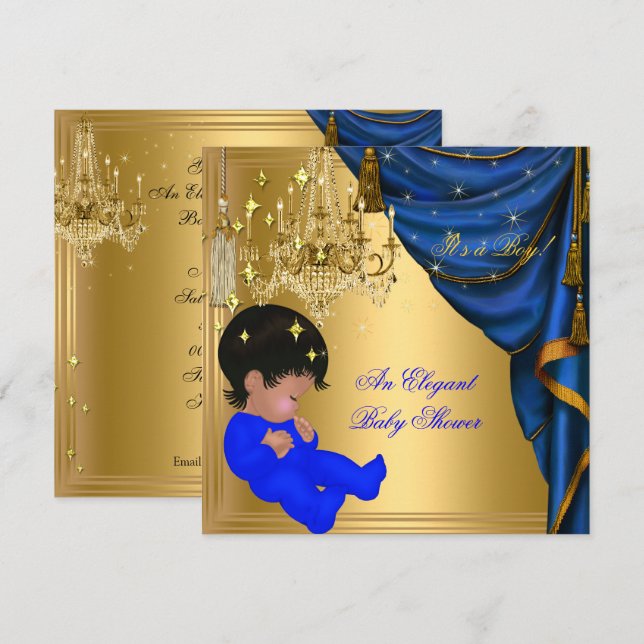Convites Chuva de Bebê Menino Afro-Americano Azul Dourado (Frente/Verso)