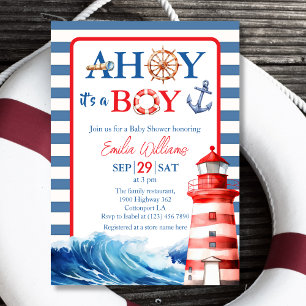 Convites Chuva de Bebê Menino Ahoy Azul Marinho Caprichoso