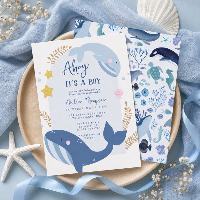 Convites Chuva de Bebê Menino Ahoy Azul Sob o Mar (Criador carregado)