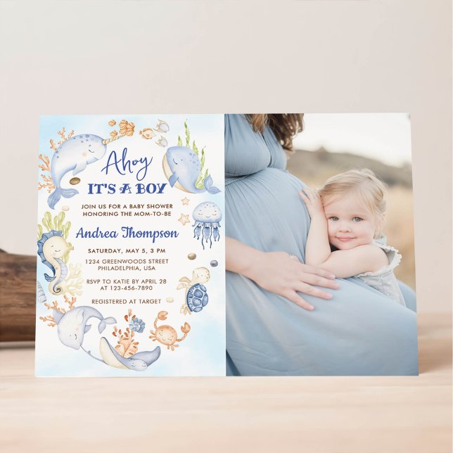 Convites Chuva de Bebê Menino Ahoy Azul Sob o Mar (Criador carregado)