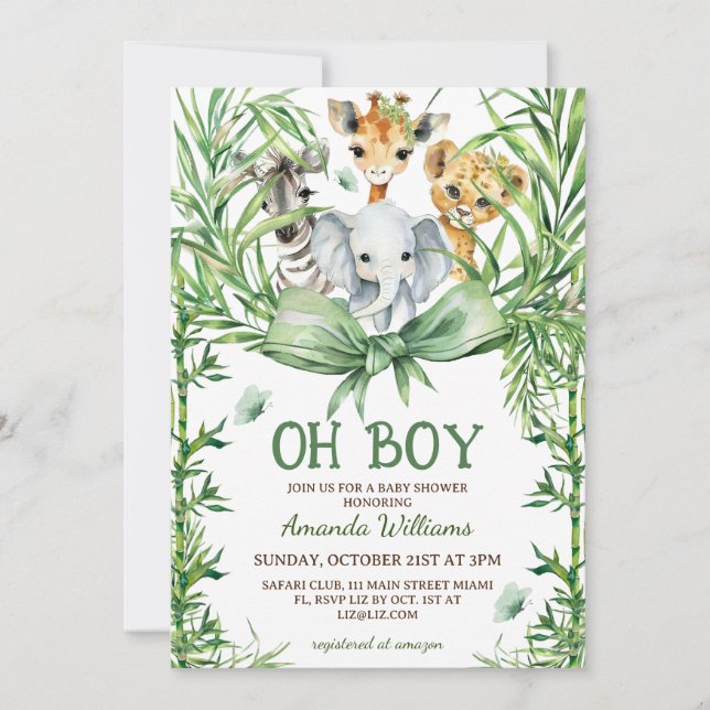 Convites Chuva de Bebê Menino Animais Fofos da Savana (Frente)