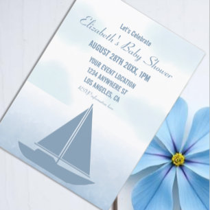 Convites Chuva de Bebê Menino Aquarela Azul Barco à Vela