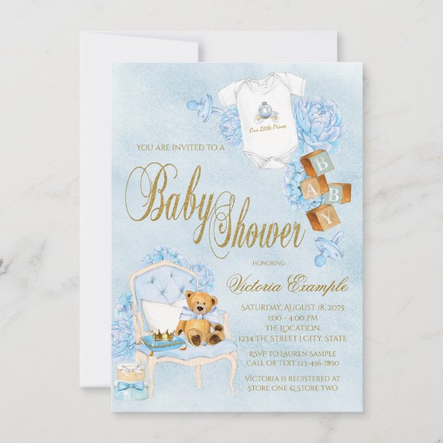 Convites Chuva de Bebê Menino Aquarela Azul Dourado (Frente)