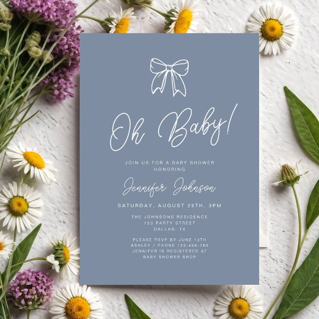 Convites Chuva de Bebê Menino Arco Coquete Dusty Blue (Dusty Blue Coquette Bow Boy Oh Baby Shower Invitation)
