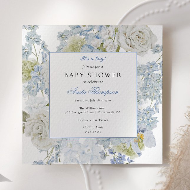 Convites Chuva de Bebê Menino Arco Floral Azul (Criador carregado)