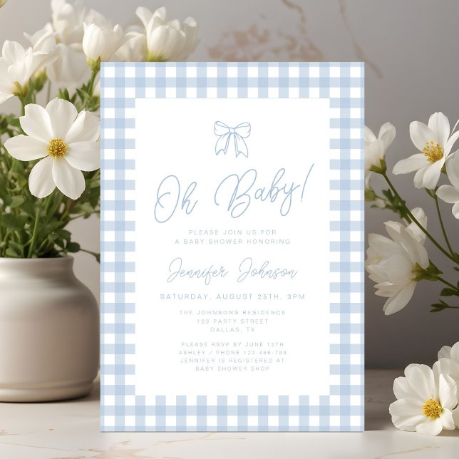 Convites Chuva de Bebê Menino Arco Xadrez Azul Fofo (Cute Blue Gingham Bow Boy Oh Baby Shower Invitation)