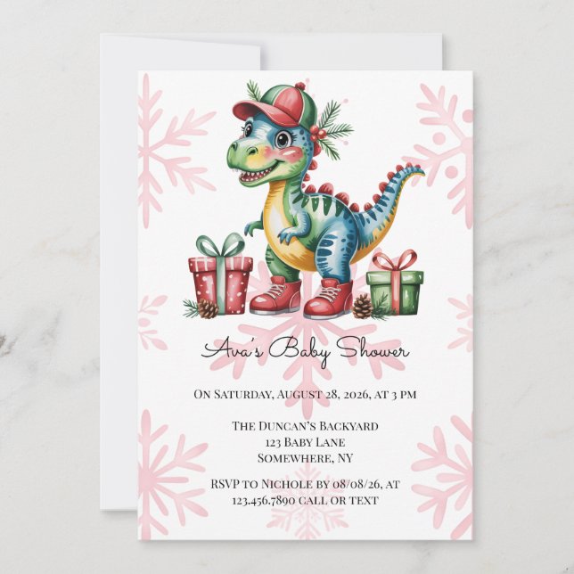Convites Chuva de Bebê Menino Azul de Natal Dino e Presente (Frente)