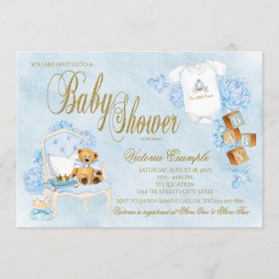 Convites Chuva de Bebê Menino Azul Dourado Aquarela