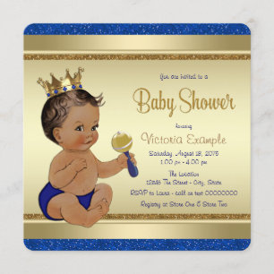 Convites Chuva de Bebê Menino Azul Dourado Étnico Príncipe