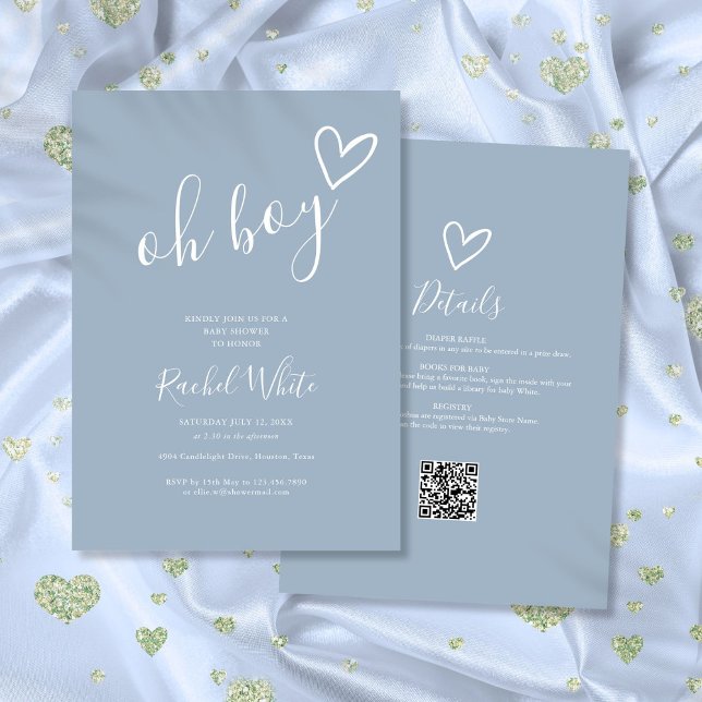 Convites Chuva de Bebê Menino Azul Empoeirado Tudo em Um (Oh Boy Dusty Blue All In One Baby Shower Invitation)