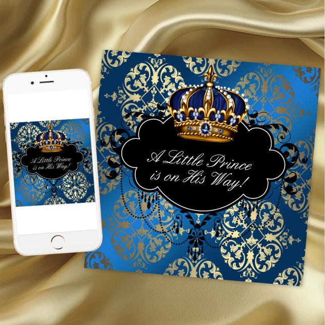 Convites Chuva de Bebê Menino Azul Marinho Dourado Príncipe (Blue gold prince baby shower invitation. Add your text to front and back. Download and printed.)