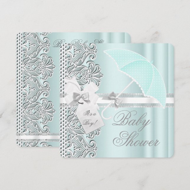 Convites Chuva de Bebê Menino Azul Mint Cinza Branco Renda (Frente/Verso)