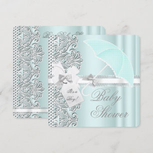Convites Chuva de Bebê Menino Azul Mint Cinza Branco Renda