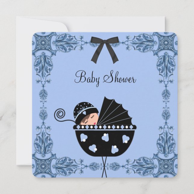 Convites Chuva de Bebê Menino Azul Preto Damask (Frente)