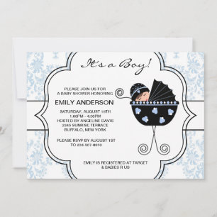 Convites Chuva de Bebê Menino Azul Preto Damask Elegante