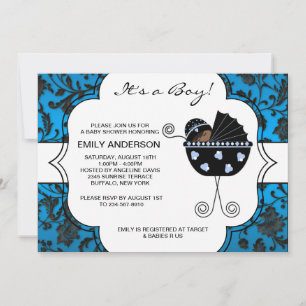 Convites Chuva de Bebê Menino Azul Preto Damask Elegante