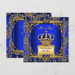 Convites Chuva de Bebê Menino Azul Real Damasco Coroa Doura