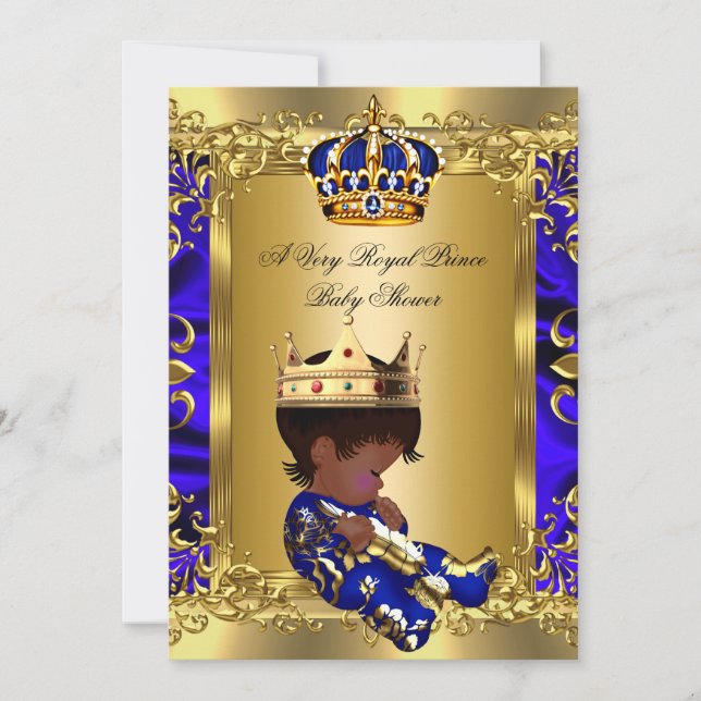 Convites Chuva de Bebê Menino Azul Real Príncipe Dourado 2 (Frente)