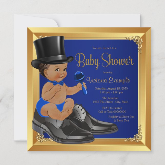 Convites Chuva de Bebê Menino Azul Royal Étnico (Frente)