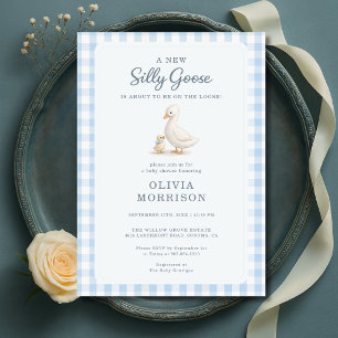 Convites Chuva de Bebê Menino Azul Silly Goose Xadrez
