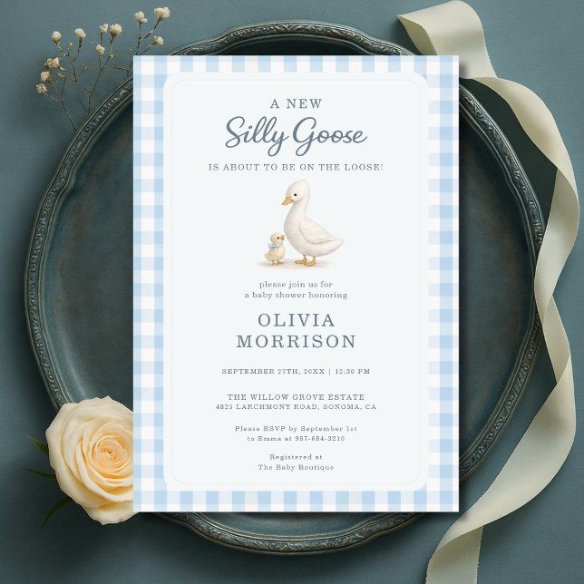 Convites Chuva de Bebê Menino Azul Silly Goose Xadrez (Criador carregado)