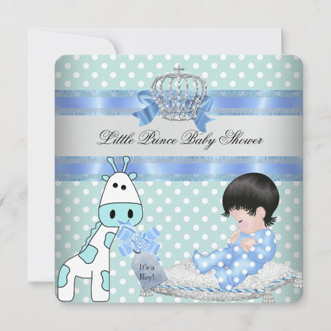 Convites Chuva de Bebê Menino Azul Turquesa Coroa Girafa (Frente)