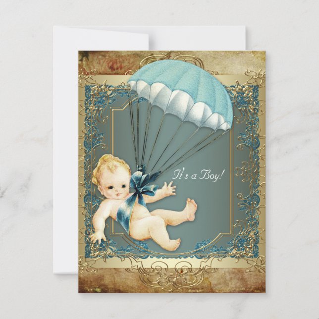 Convites Chuva de Bebê Menino Azul Turquesa e Dourado Vinta (Frente)