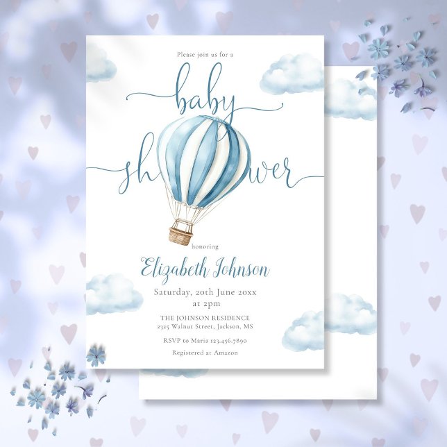 Convites Chuva de Bebê Menino Balão Azul de Ar Quente (Blue Hot Air Balloon Boy Baby Shower Invitation)